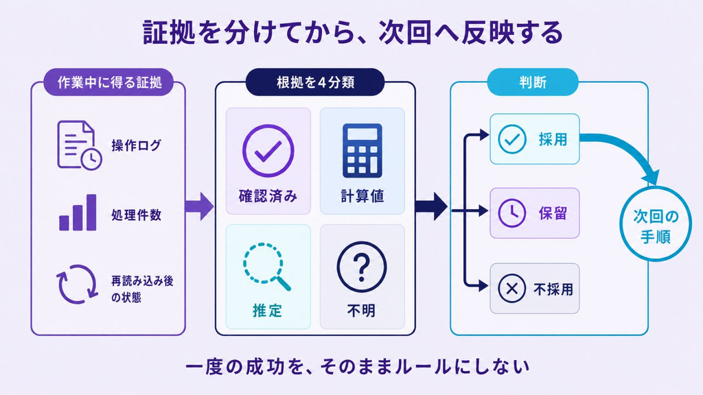 操作ログや処理件数などの証拠を4種類に分け、採用した知見だけを次回の手順へ反映する判断図